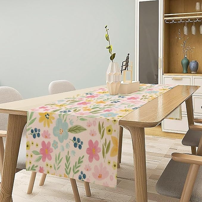 Floral Table Runner, Boho Style Watercolor Flower Green Leaf Plant Rectangle - Image 6