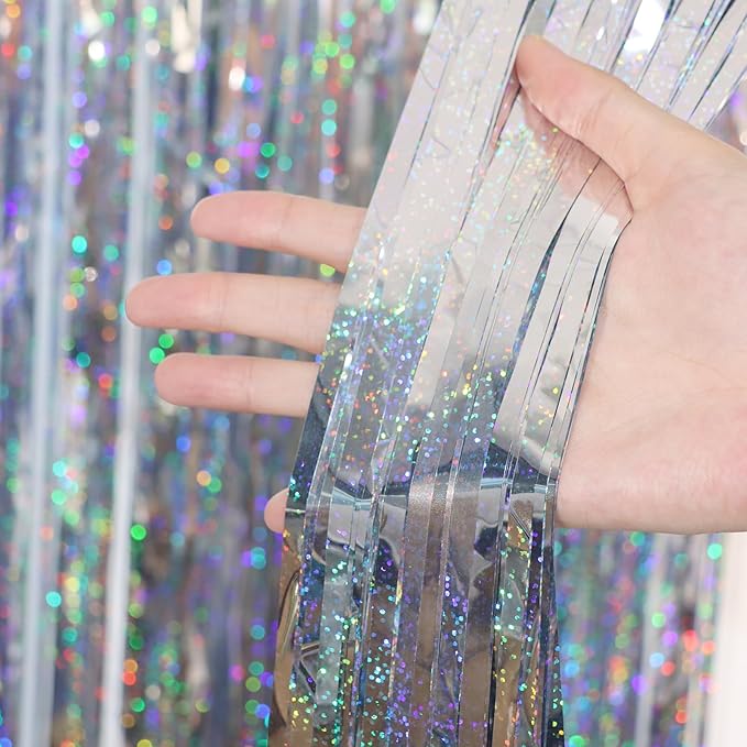 2 Pack Laser Silver Tinsel Foil Fringe Curtains, Metallic Tinsel Party - Image 2