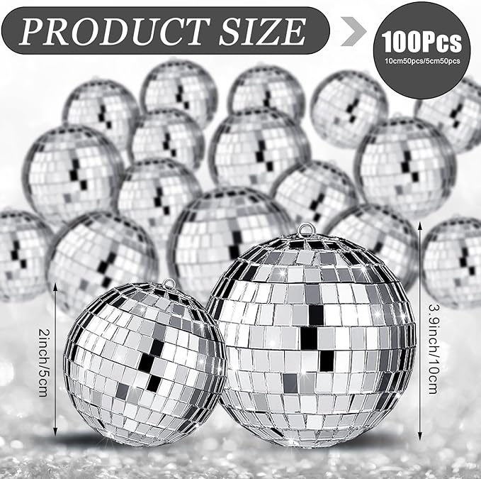 Funtery 100 Pcs Mirror Disco Balls Bulk Assorted Silver Hanging Disco Ball Decor - Image 2