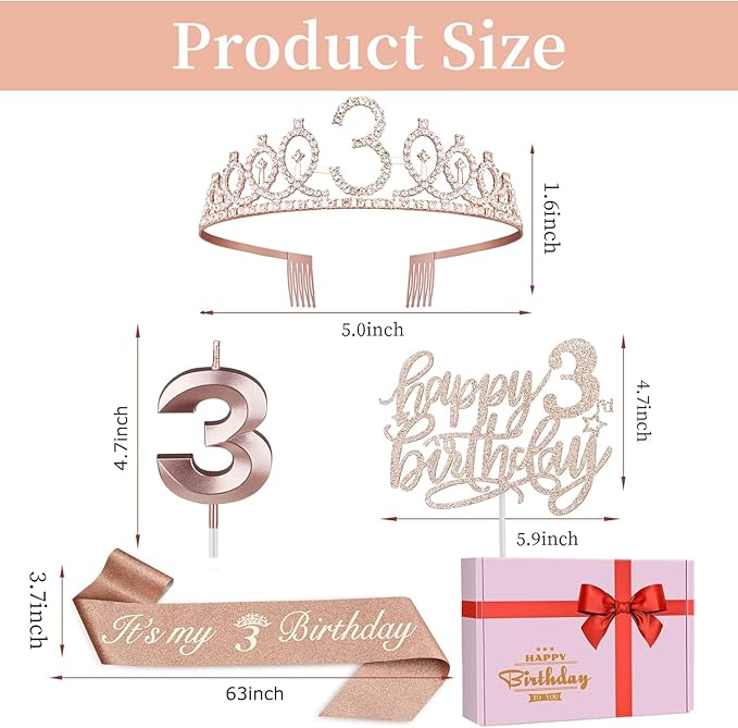 3rd Birthday Decorations for Girls, Including Sash, Crown/Tiara, Cake Toppers - Image 4