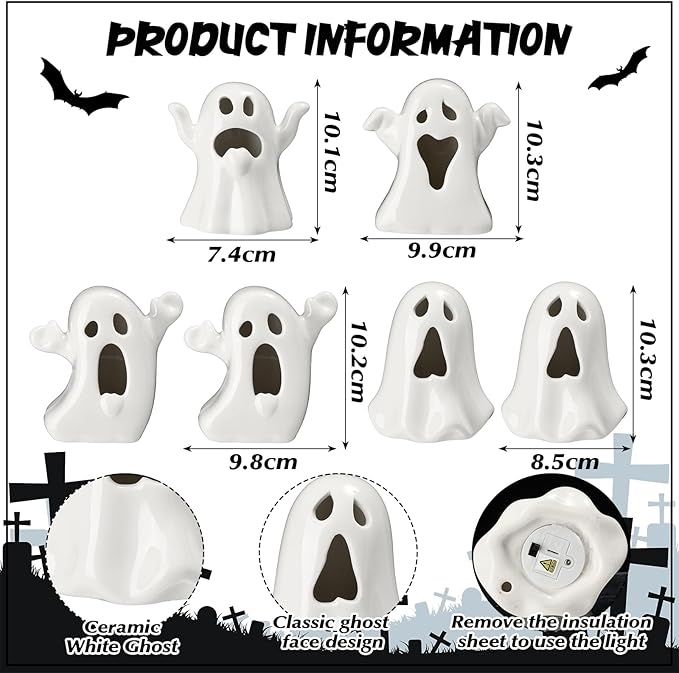 Wesiti 6 Pcs Ceramic Ghost Light up Halloween Decorations Indoor Small White - Image 2