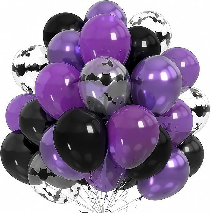 Halloween Balloons, Metallic Purple and Halloween Bat Printed Clear Balloon by Dagelar