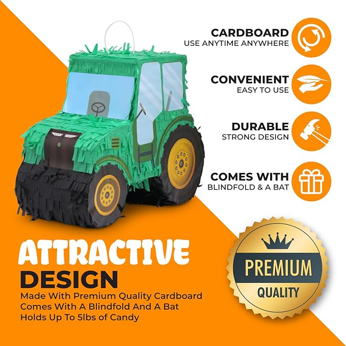 Tractor Pinata Bundle with a Blindfold and Bat, Kids Excavator Pinata - Image 4