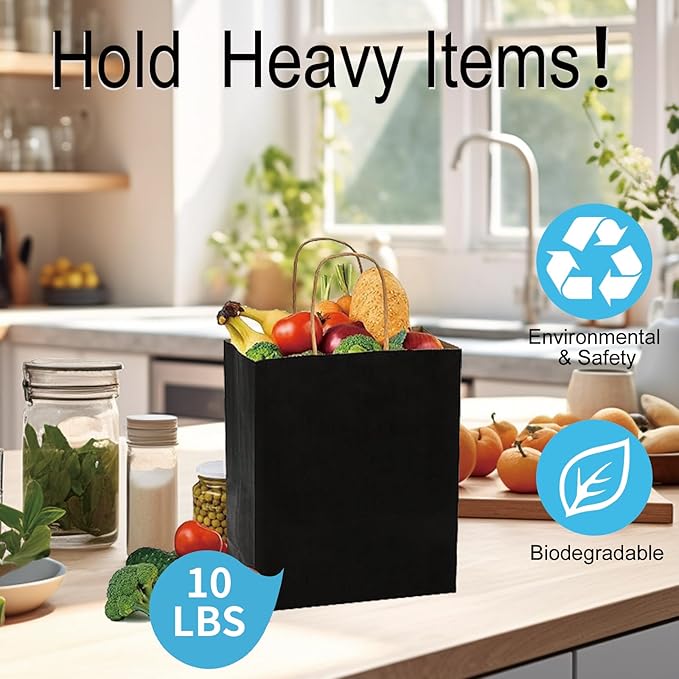 BAG BOX 100 Pack Medium 8.25x4.3x10.6 Inch Black Kraft Paper Gift Bags - Image 6