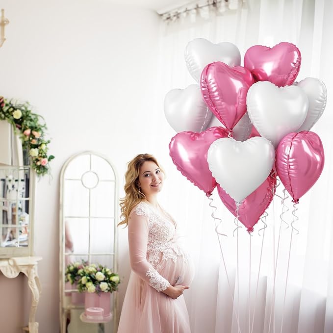 Heart Foil Balloons, 18 Inch White & Pink Heart Shape Mylar Balloons - Image 4