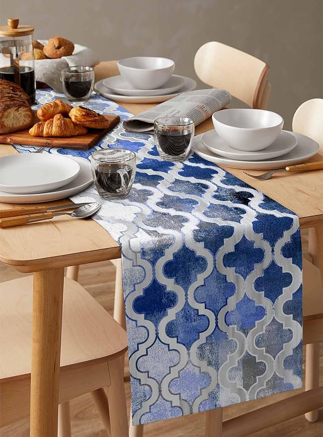 Blue Morocco Plaid Cotton Linen Table Runner - Image 3