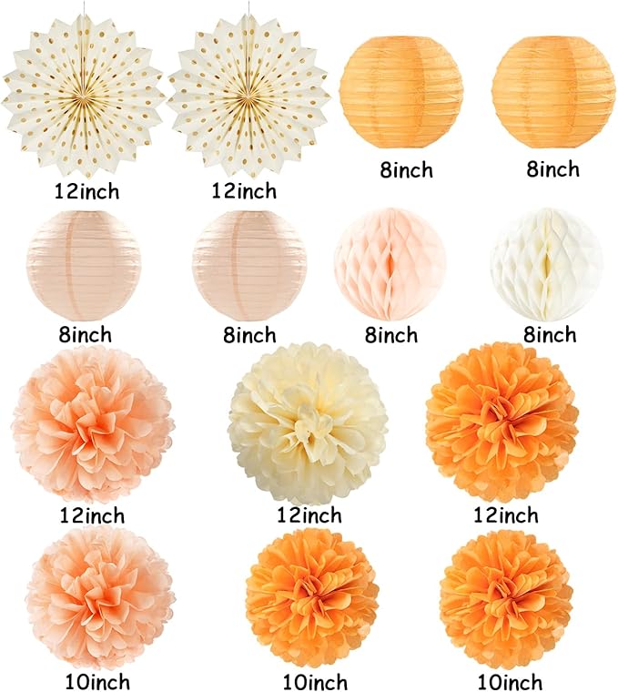 Beige-Orange Peach Fall Party-Decorations Paper-Lanterns- 14pcs Autumn - Image 2