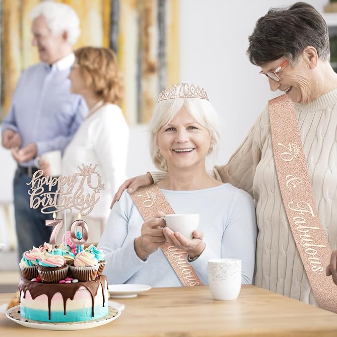 70th Birthday Decorations for Women, Including Sash, Crown/Tiara, Cake Topper - Image 2