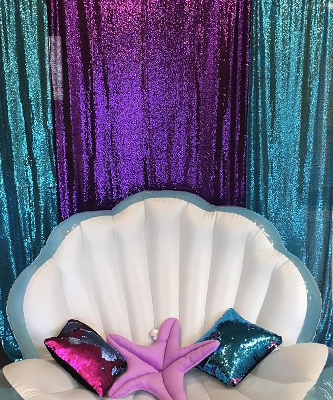 Poise3EHome 2Pcs 3Ft x 8Ft Teal Sequin Backdrop Curtain, Glitter Photography - Image 3