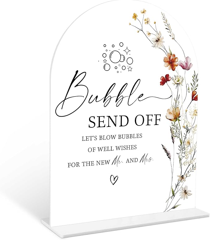 Boho Floral Bubble Send Off Sign, 6 x 8 Inch White Arch Acrylic Wedding Sign by Qoqxjodd