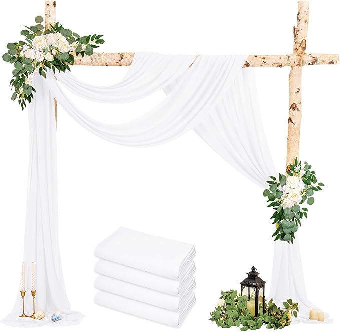 4 Panels White Polyester Wedding Arch Draping Fabric, 28x20 feet Each, Sheer by HNPSTBNO