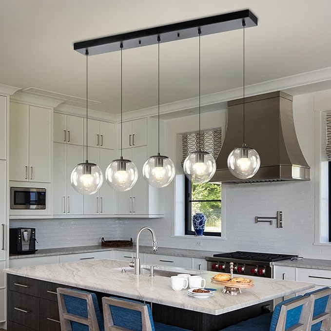 5-Lights Modern Rectangle Chandelier Globe Pendant Light - Image 2