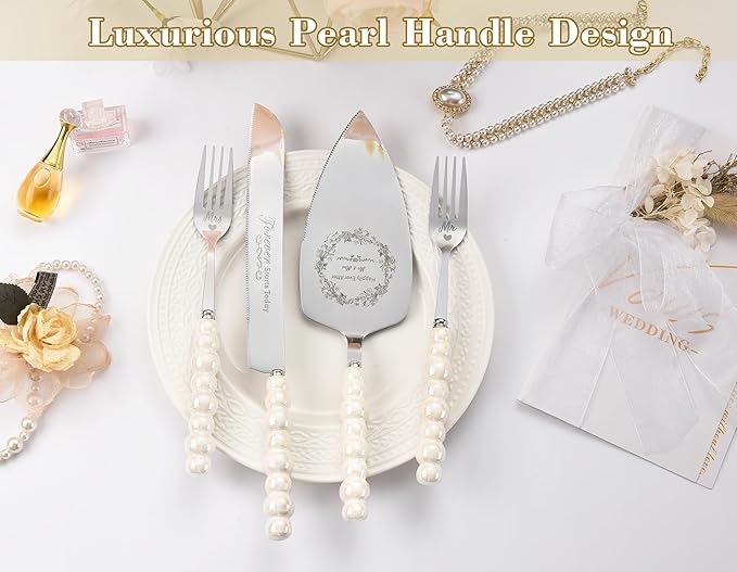 Wedding Cake Knife and Server Set, Ceramic Pearl Handle Cake Cutting Set - Image 2