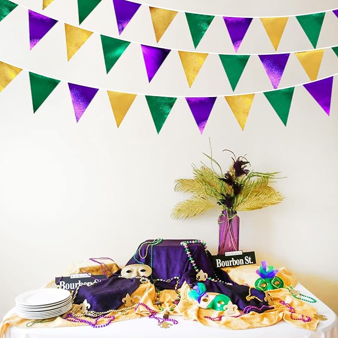 Mardi Gras Party Decorations Purple Green and Gold Metallic Fabric Triangle - Image 5