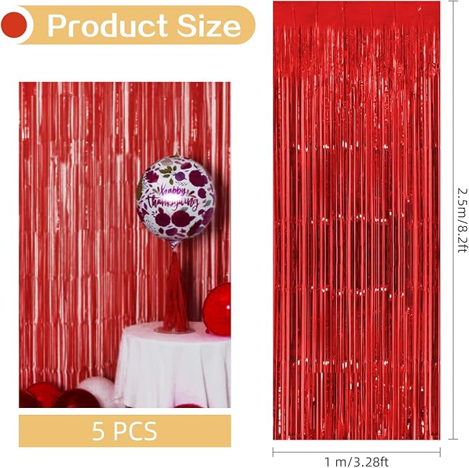 5 Pack Red Fringe Backdrop Curtains 3.2ft x 8.2ft Tinsel Foil Fringe Curtains - Image 3