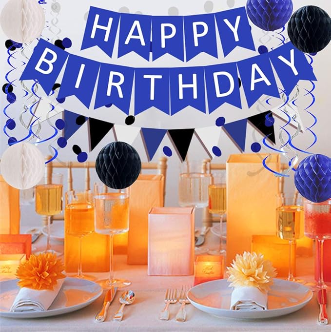 FECEDY Navy Blue White Black Happy Birthday Banner&Cute Flag Bunting Paper - Image 4