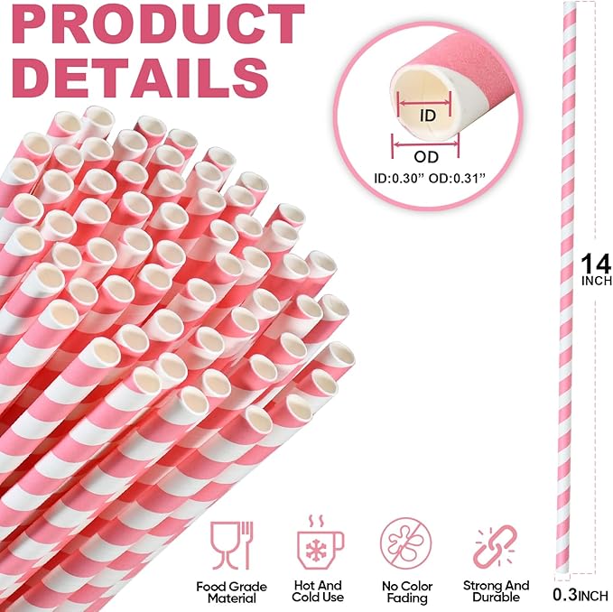 14 inch Extra Long Disposable Pink/White Striped Paper Drinking Straws 0.31" - Image 2