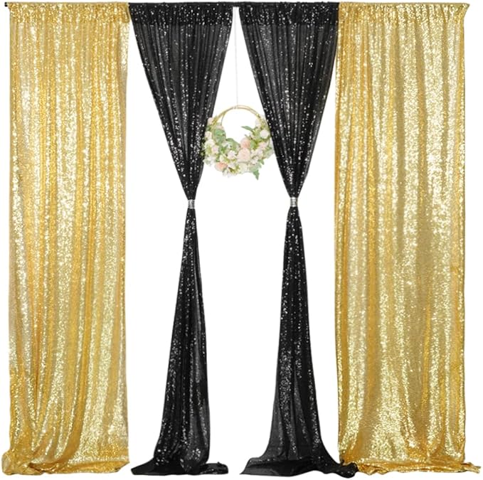 4 Panels Black&Gold Sequin Backdrop Curtain 2FTx8FT Glitter Sequin Backdrop - Image 2