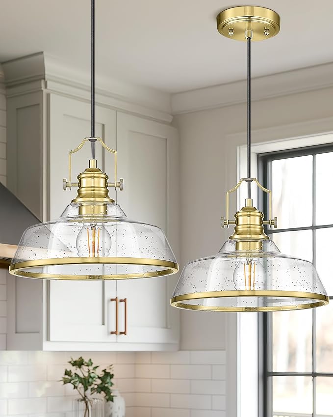 kudos Gold Pendant Lights Kitchen Island, Farmhouse Gold Seeded Glass Pendant - Image 2