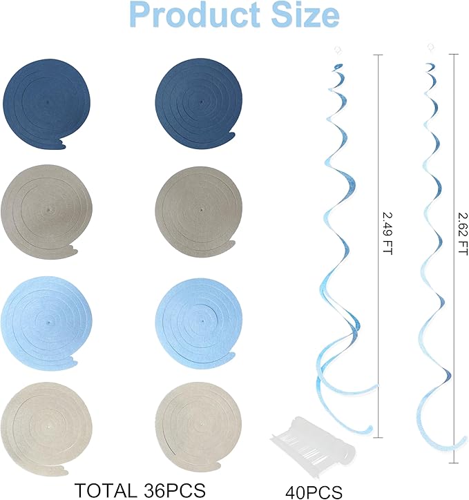 36 Pcs Dusty Blue Gray Hanging Swirl Decorations Navy Blue Grey Felt Swirl - Image 2