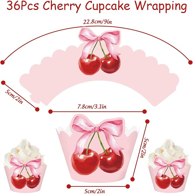 36Pcs Pink Bow Cherry Cupcake Wrappers Pink Red Bowknot Cherry Cupcake Liners - Image 2