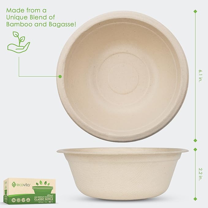 Ecovita 100% Compostable Paper Bowls – 150 Disposable Bowls Eco Friendly Sturdy - Image 2