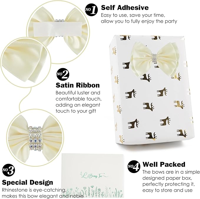 Ivory Satin Bows 4'' Premade Ivory Ribbon Bows, Gift Bows - Image 3