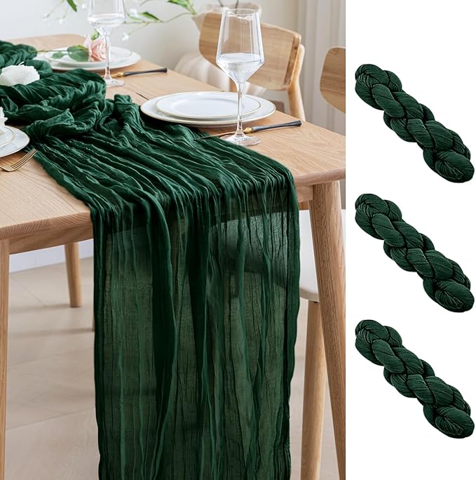 Asee'm 3PCS Table Runner Cheesecloth 10FT Emerald Green Boho Gauze Fabric by Aseem