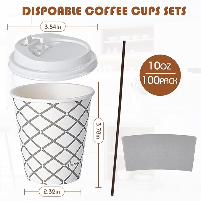 LITOPAK 100 Pack 10 oz Paper Coffee Cups - Image 2