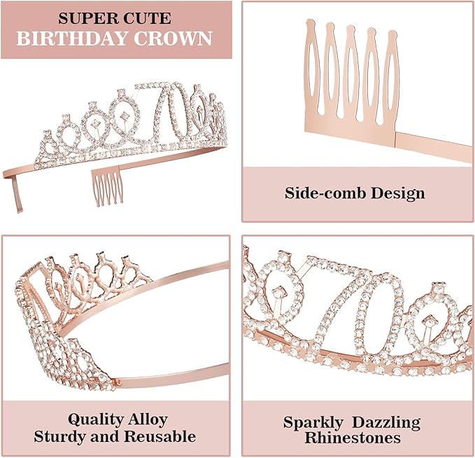 70th Birthday Decorations for Women, Including Sash, Crown/Tiara, Cake Topper - Image 3