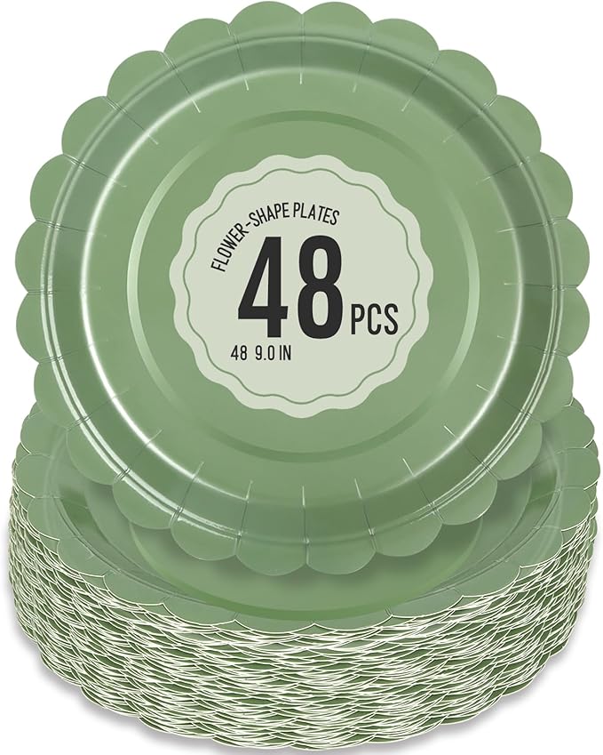48 Pcs Sage Green Paper Plates 9 Inch Scalloped Dessert Plates by Polinook-TheAnswerToEveryClutteredSpace