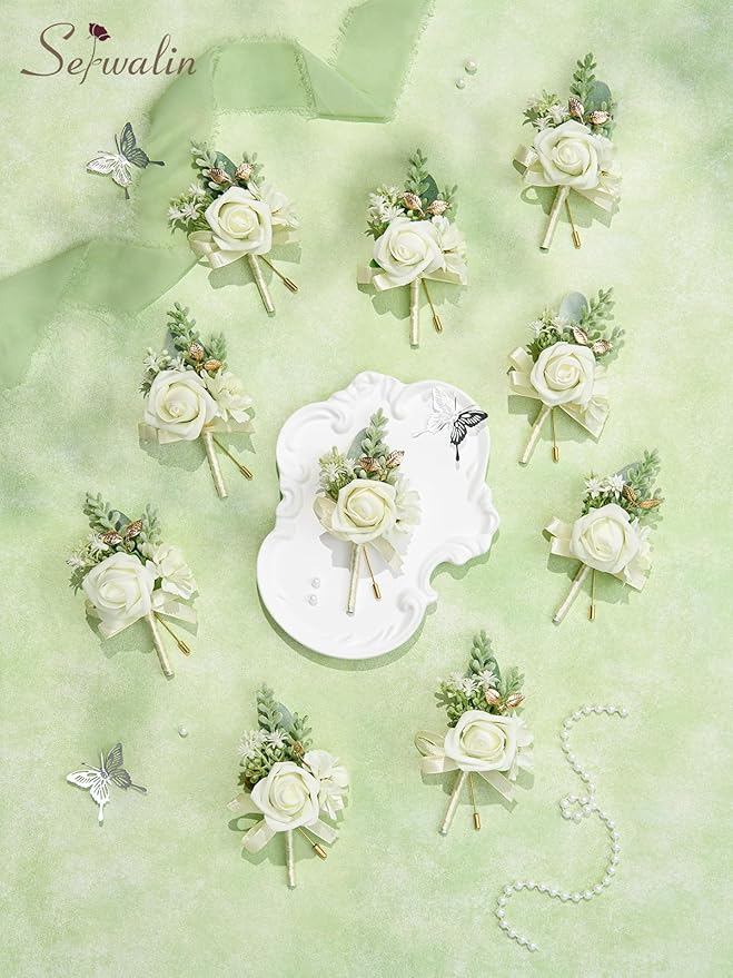 Serwalin 10Pcs Boutonniere for Men, Artificial Flowers for Wedding - Image 6
