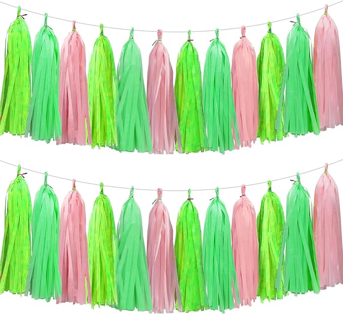 Green Light Green and Pink Tassel Garland Banner Paper Tassels by Aimto