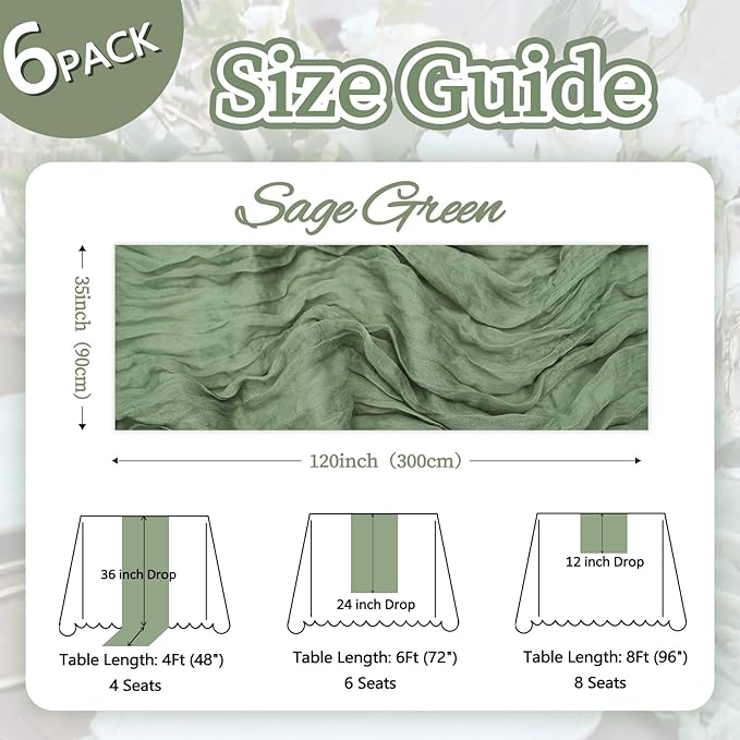 6 Pack Sage Green Table Runner 10ft Boho Gauze Fabric Cheesecloth Table Runner - Image 2