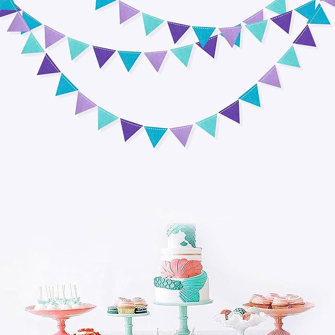 Mermaid Party Decorations Purple Teal Felt Hanging Triangle Mini Bunting - Image 8