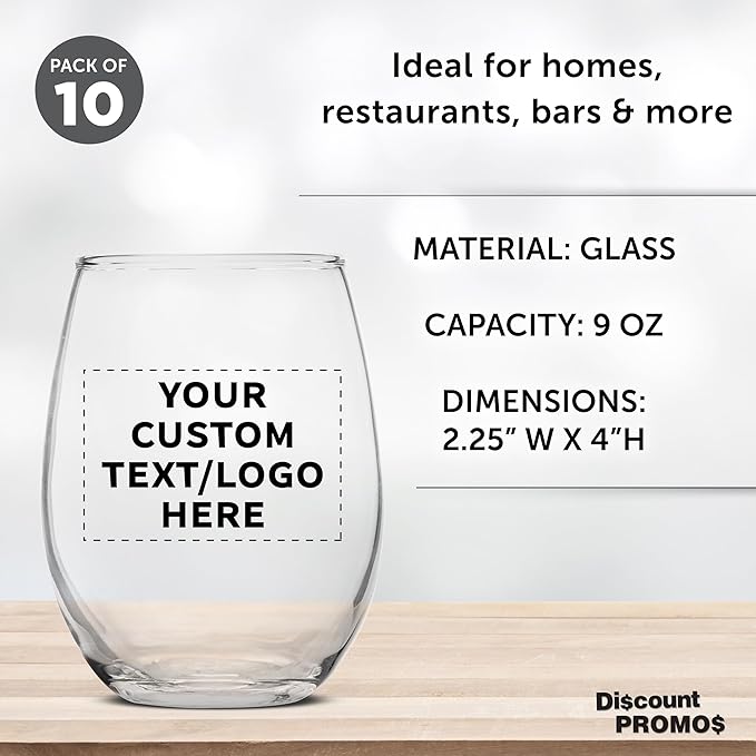 Custom Stemless Wine Glass 9 oz. Set of 10, Personalized Bulk Pack - Image 4