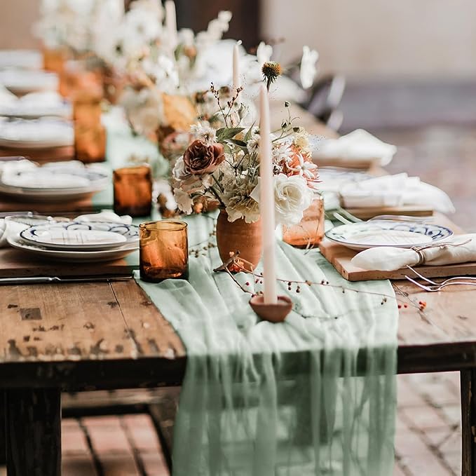 Hahuho Sage Green Cheesecloth Table Runner 10ft, Gauze Boho Rustic Table Runners - Image 7
