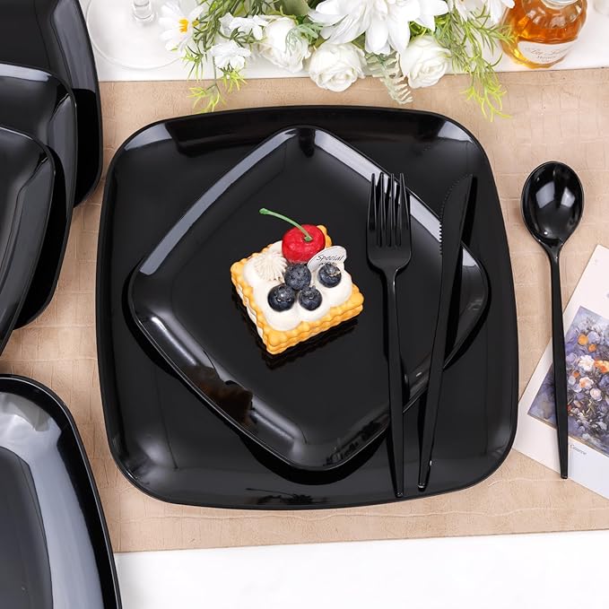 PULOTE 60PCS Black Square Plastic Plates Disposable - Image 6