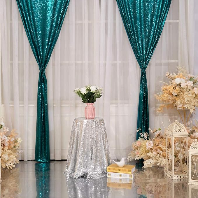 Poise3EHome 2Pcs 3Ft x 8Ft Teal Sequin Backdrop Curtain, Glitter Photography - Image 2