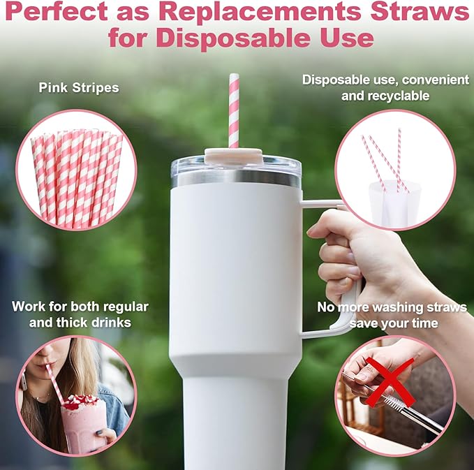14 inch Extra Long Disposable Pink/White Striped Paper Drinking Straws 0.31" - Image 5