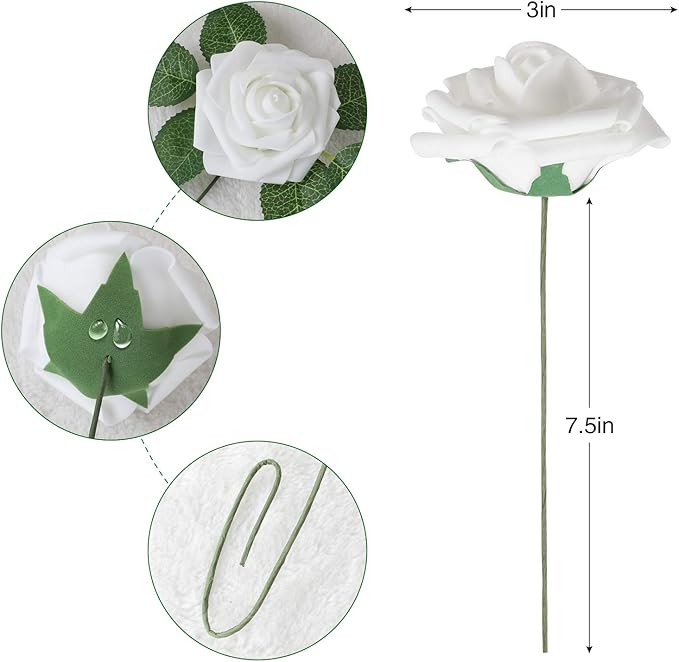 AmyHomie Artificial Flowers White Rose 100pcs Real Looking Fake Roses w/Stem - Image 2
