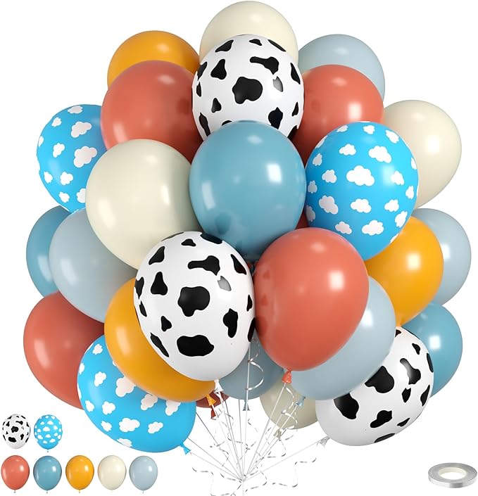 Cow Print Balloons, Retro Dusty Blue Yellow White Balloon by Saxuxu