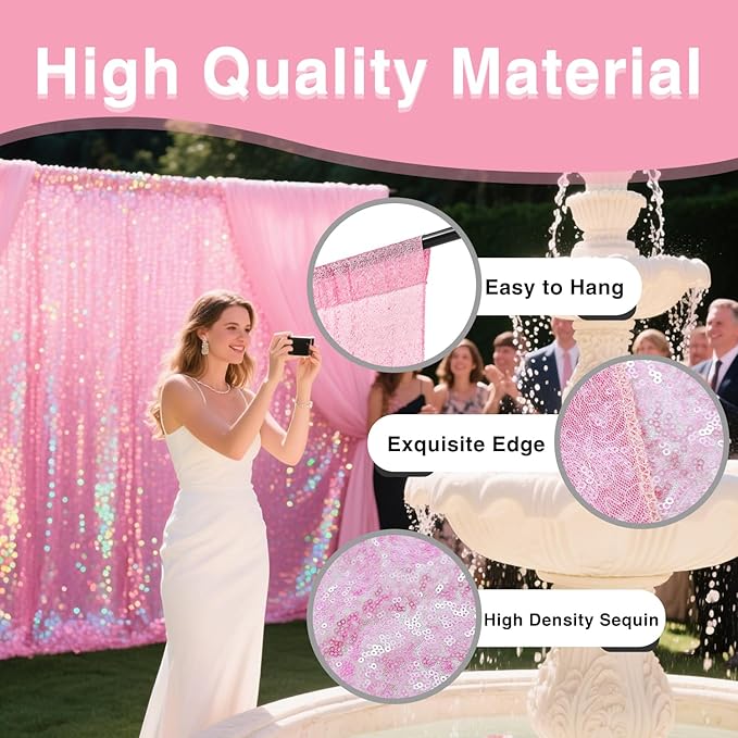 VOK Pink Sequin Backdrop Curtains 2 Panels 2FTx8FT Glitter Photography - Image 2