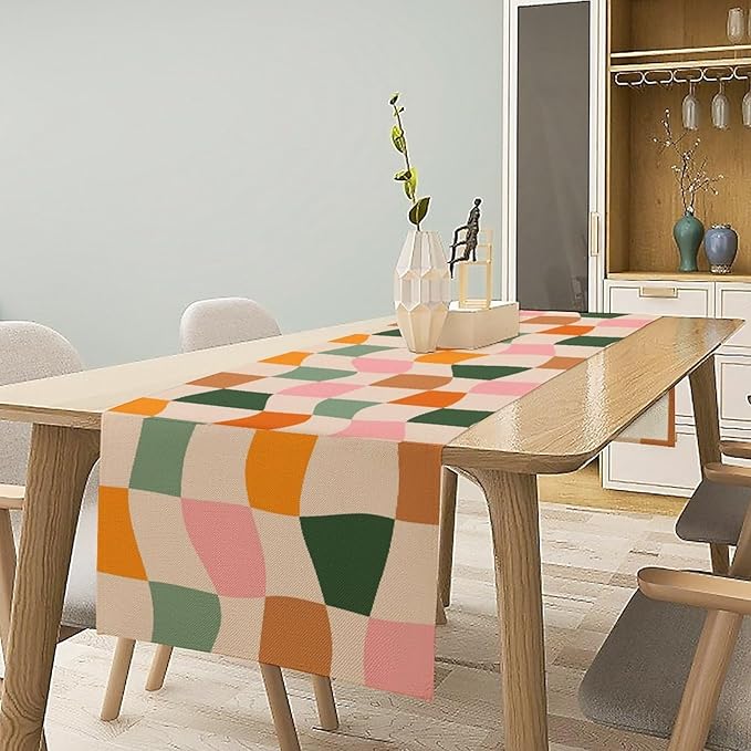Hippie Table Runner, Vintage Geometric Square Orange Green Pink Grid 60s 70s - Image 3