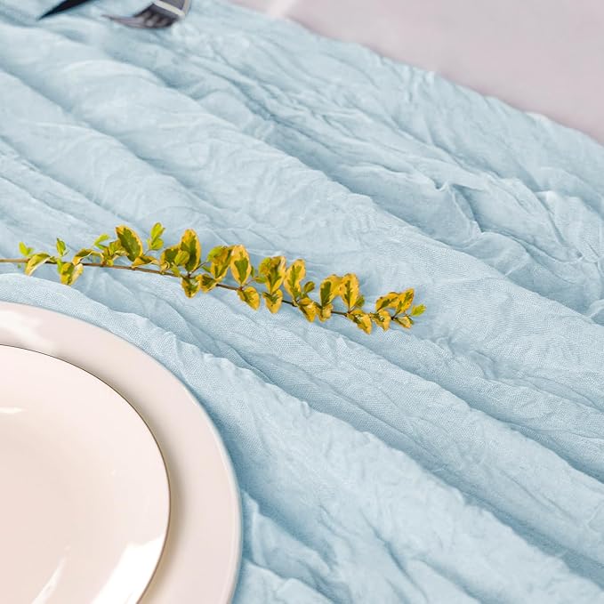 Hahuho Dusty Blue Cheesecloth Table Runner 10ft, Gauze Boho Rustic Table Runners - Image 3