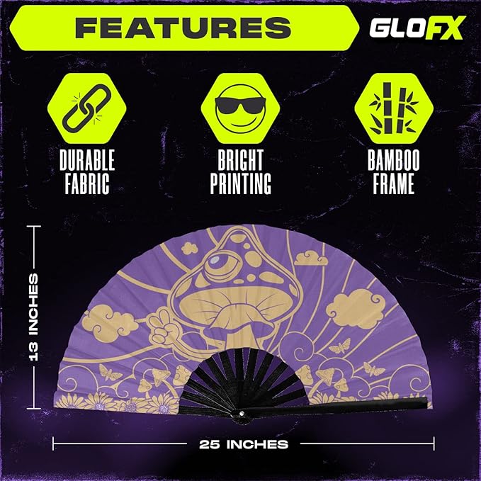 GloFX Rave Fan - Groovy Mushroom - Large Folding Fan - Music Festival Essential - Image 4