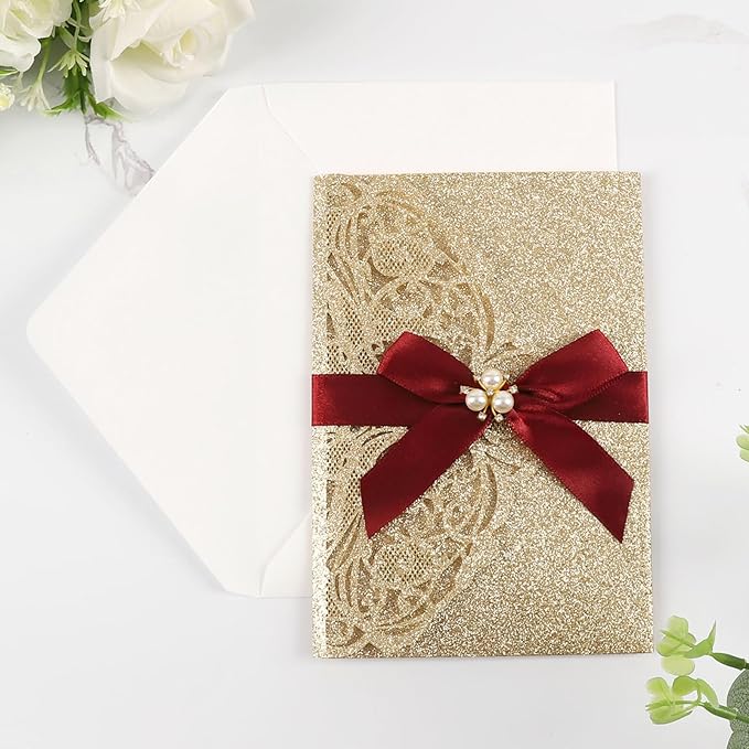25pcs Gold Glitter Laser Cut Invitations Tri-Fold Blank Personalized Wedding - Image 2