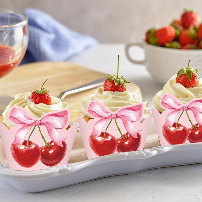 36Pcs Pink Bow Cherry Cupcake Wrappers Pink Red Bowknot Cherry Cupcake Liners - Image 5