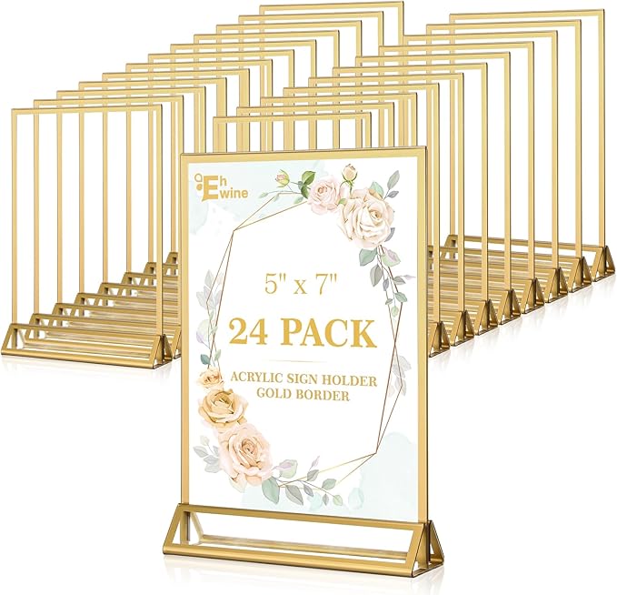 EHWINE 24 Pack Acrylic Sign Holder 5 x 7, Double Sided Gold Picture Frame Stand by EHWINE