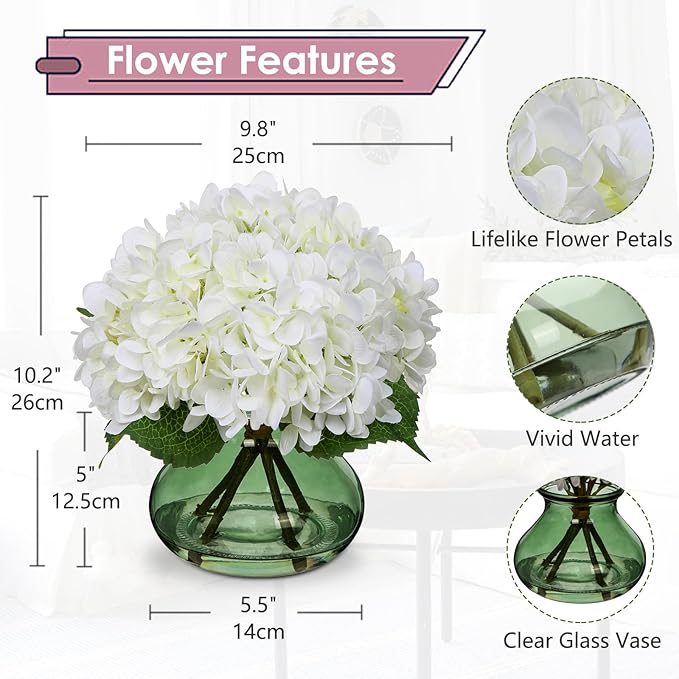 Hollyone White Hydrangeas Floral Arrangement in Glass Vase Artificial Flowers - Image 2